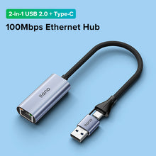 Load image into Gallery viewer, RJ45 Ethernet adapter with USB Hub and Gigabit Ethernet Port 1000Mbps【Type-C + USB 3.0 2-in-1 Dual Interface / with Type C power supply interface】
