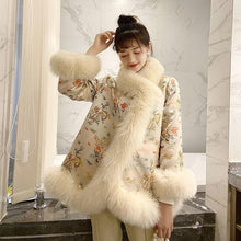 Load image into Gallery viewer, Chinese Style Fox Fur Coat Court Lady Satin Mid-length Beaded Faux Fur Shawl Jacket Women Winter Coat Print Outwear
