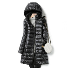 Load image into Gallery viewer, Women Fall Winter Stand Collar Hooded Solid Color Zipper Long White Duck Down Jacket M-5XL
