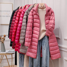 Load image into Gallery viewer, Women Fall Winter Stand Collar Hooded Solid Color Zipper Long White Duck Down Jacket M-5XL
