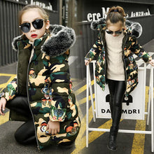 Load image into Gallery viewer, Girls Long Cotton Coat 2021 Autumn and Winter Hooded Long Sleeve Thicken Camouflage Print Fur Collar Jacket
