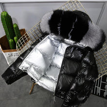 Load image into Gallery viewer, Women's Fashion Winter Warm Short Silver Shiny Down Jacket Thick Hooded Reversible Puffer Coat
