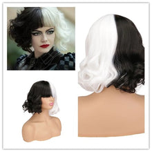 Load image into Gallery viewer, movie Cruella Wig Short Wigs for Halloween Cosplay Women Black White Synthetic Hair Wig + Wig Cap

